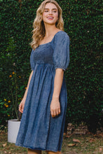Load image into Gallery viewer, Washed Denim Smocked Puff Sleeve Dress
