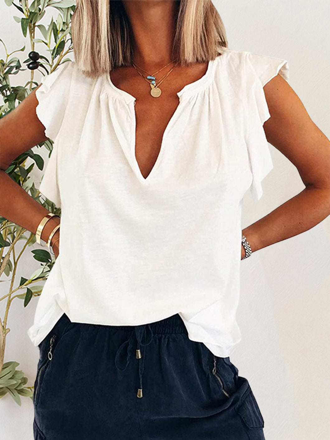 Ruffled Notched Cap Sleeve Top