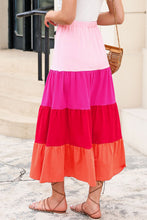 Load image into Gallery viewer, Pink Color Block Tiered Drawstring High Waist Maxi Skirt
