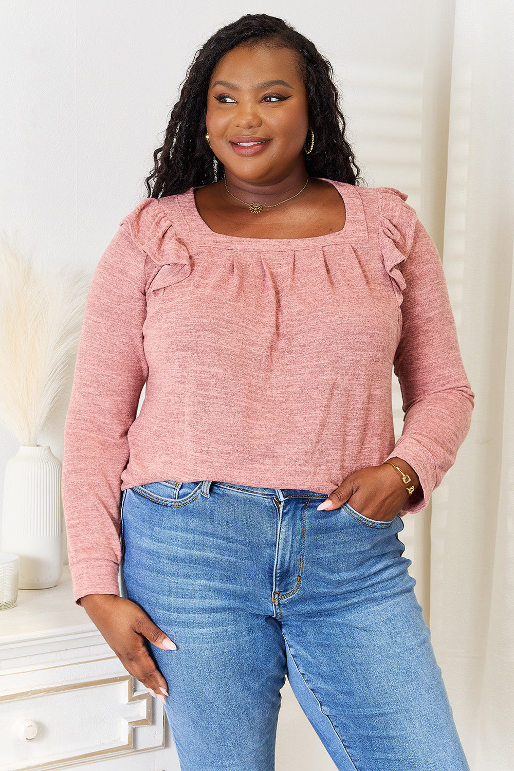 Square Neck Ruffle Shoulder Long Sleeve Top