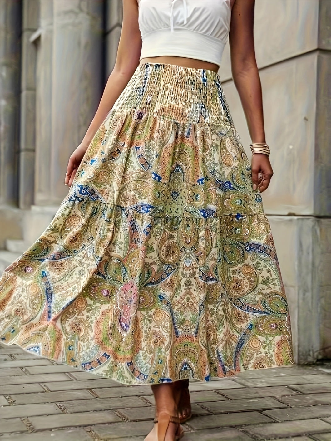 Pastel Paisley Tiered High Waist Skirt