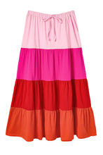 Load image into Gallery viewer, Pink Color Block Tiered Drawstring High Waist Maxi Skirt
