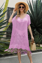 Load image into Gallery viewer, Double Take Eyelet Fringe Hem Longline Knit Cover Up
