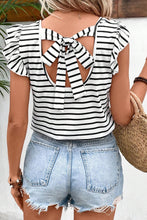 Load image into Gallery viewer, White Stripe Butterfly Sleeve V Neck Hollowed Knot Back Top
