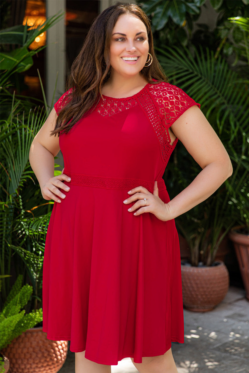Red Plus Size Lace Yoke Splice Fit-and-Flare Curvy Dress