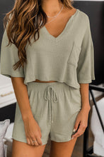 Load image into Gallery viewer, Split V Neck Crop Top and Drawstring Shorts Waffle Knit Set
