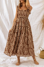 Load image into Gallery viewer, Brown Ruffled Straps Smocked Floral Maxi Dress
