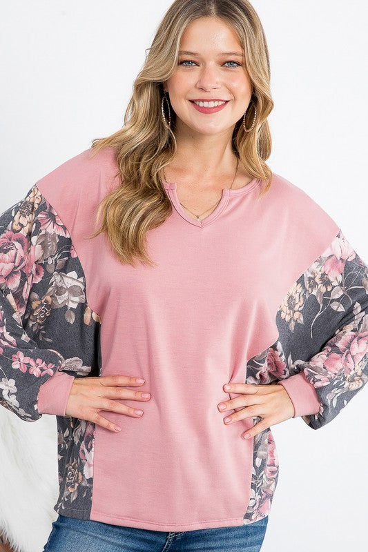 Floral Terry Mixed Casual Top - Plus