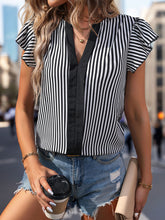 Load image into Gallery viewer, Ruffled Striped Notched Cap Sleeve Blouse
