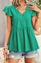Load image into Gallery viewer, Embroidered Eyelet V Neck Ruffle Sleeve Tops
