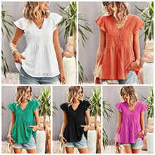 Load image into Gallery viewer, Embroidered Eyelet V Neck Ruffle Sleeve Tops
