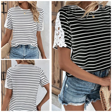 Load image into Gallery viewer, Striped Spliced Lace Round Neck Tee
