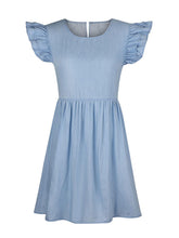 Load image into Gallery viewer, Ruffled Round Neck Cap Sleeve Denim Dress
