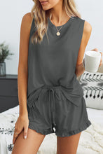 Load image into Gallery viewer, Gray Crew Neck Tank and Drawstring Ruffled Shorts Lounge Set
