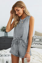 Load image into Gallery viewer, Gray Crew Neck Tank and Drawstring Ruffled Shorts Lounge Set
