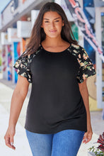 Load image into Gallery viewer, Black Floral Ruffle Sleeve Plus Size Top
