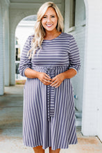 Load image into Gallery viewer, Gray Striped Tie Waist 3/4 Sleeve Plus Size Dress
