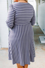 Load image into Gallery viewer, Gray Striped Tie Waist 3/4 Sleeve Plus Size Dress
