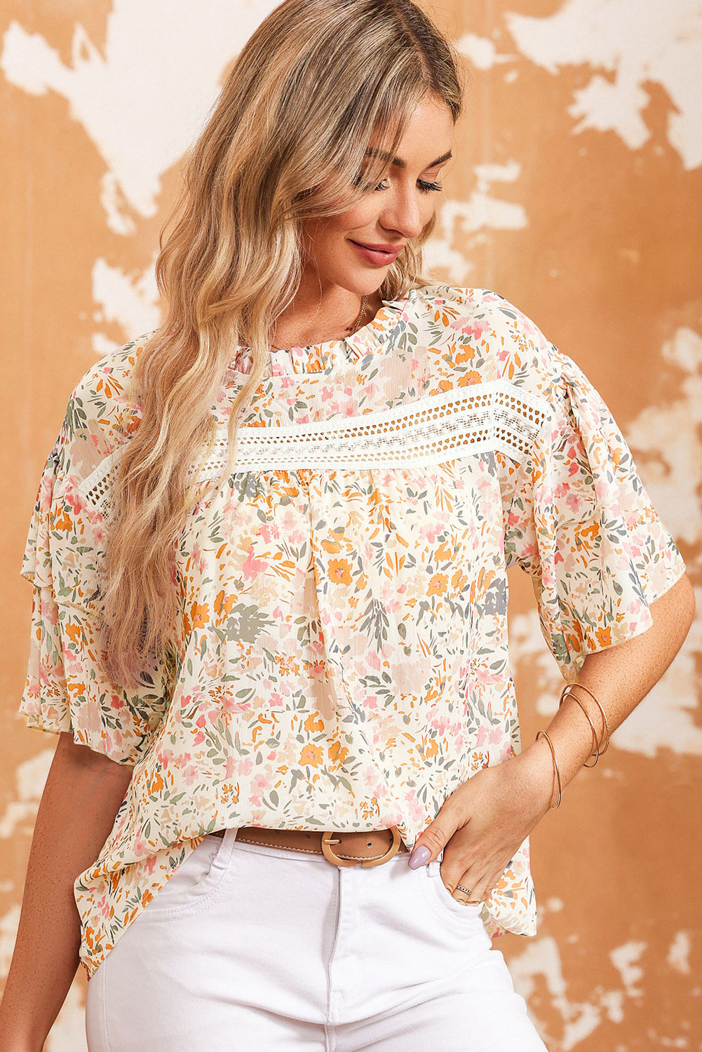 Multicolor Floral Print Wide Ruffle Sleeve Top