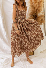 Load image into Gallery viewer, Brown Ruffled Straps Smocked Floral Maxi Dress
