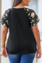 Load image into Gallery viewer, Black Floral Ruffle Sleeve Plus Size Top

