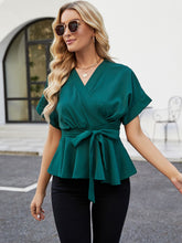 Load image into Gallery viewer, Green Surplice Neck Short Sleeve Front Tie Ruffle Hem Blouse
