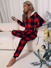 Load image into Gallery viewer, Plaid Zip Front Long Sleeve Hooded Lounge Jumpsuit
