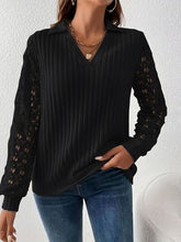 Load image into Gallery viewer, Lace Detail Johnny Collar Long Sleeve Blouse
