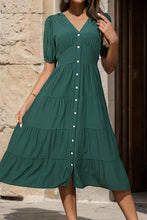 Load image into Gallery viewer, V-Neck Button Up Balloon Sleeve Midi Dress
