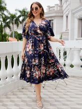 Load image into Gallery viewer, Plus Size Navy Floral Surplice Neck Midi Dress
