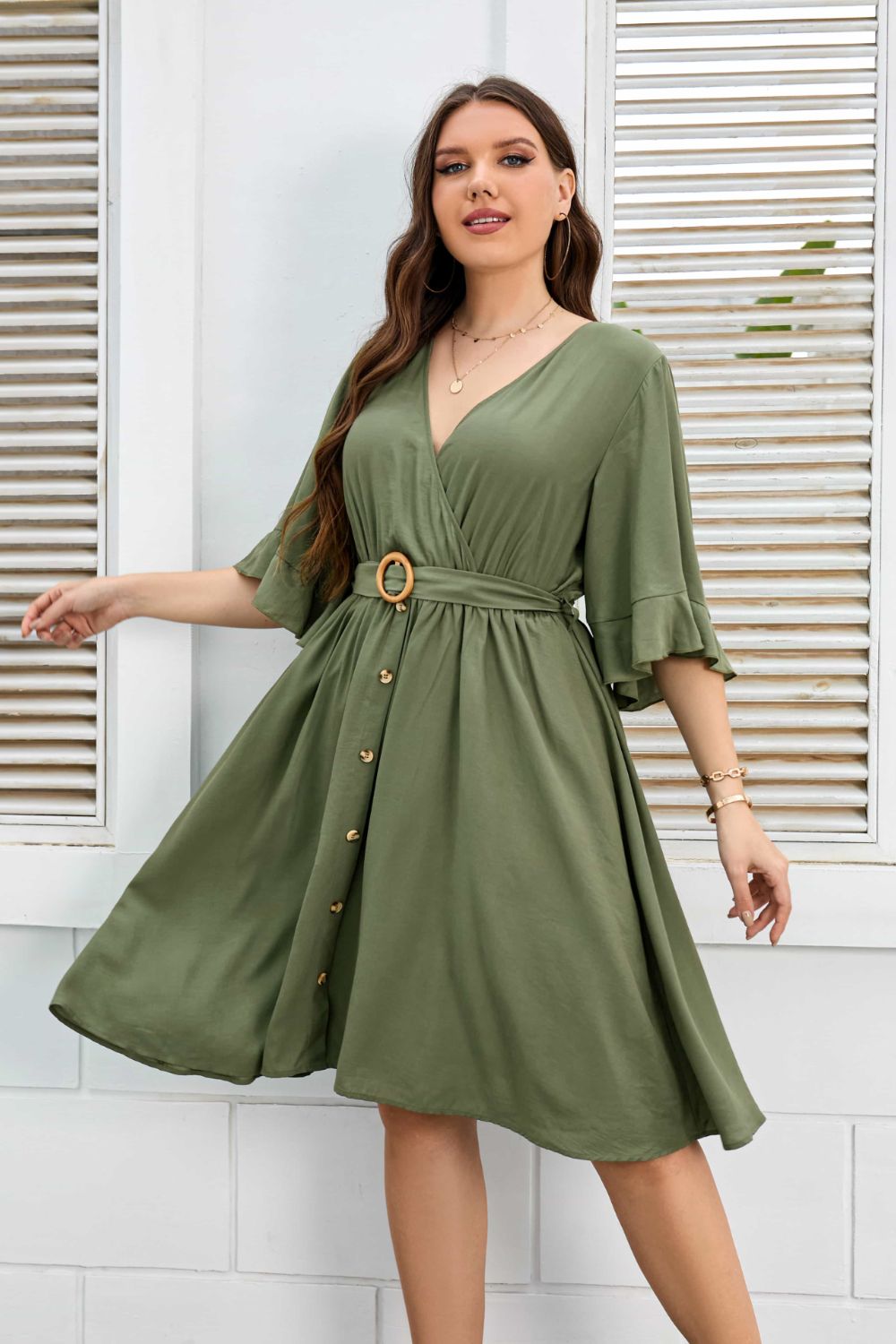 Plus Size Green Surplice Neck Half Sleeve Dress