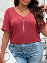 Load image into Gallery viewer, Plus Size V-Neck Short Sleeve Blouse with Zipper
