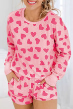 Load image into Gallery viewer, Heart Print Round Neck Top and Bottom Lounge Set

