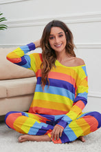 Load image into Gallery viewer, Striped Round Neck Long Sleeve Top and Drawstring Bottoms Lounge Set
