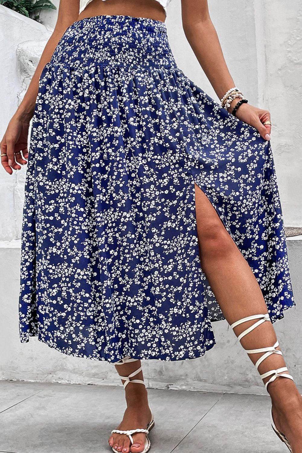 Blue Ditsy Floral Slit High Waist Skirt