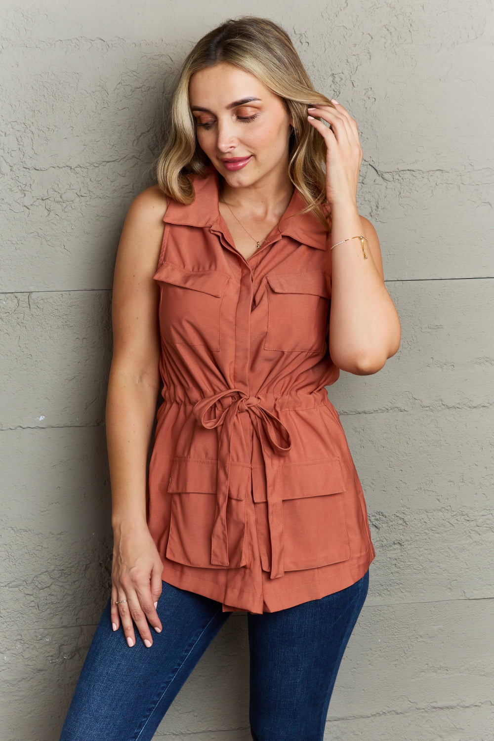 Brick Red Sleeveless Collared Button Down Top