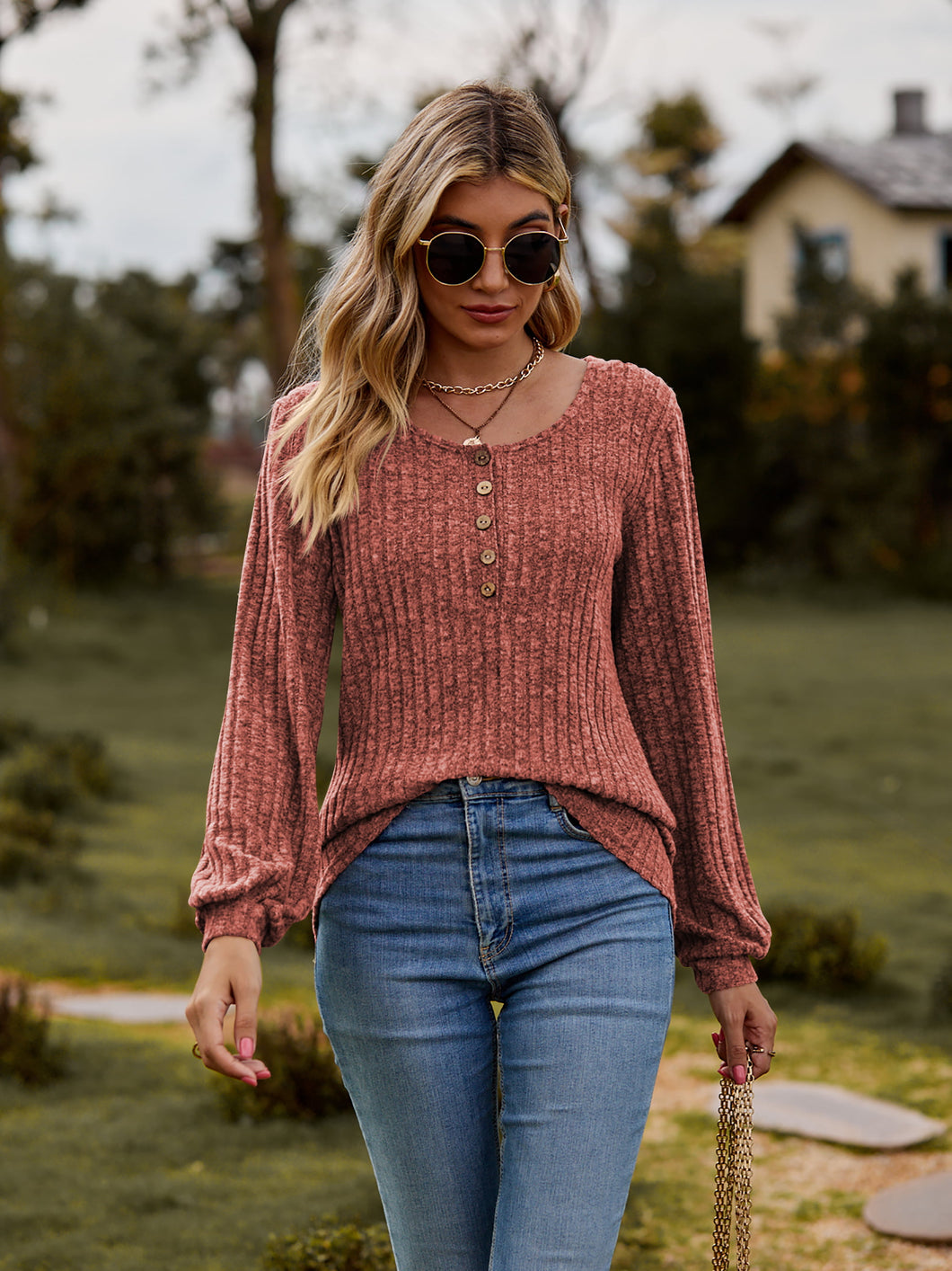Round Neck Button-Down Long Sleeve Top