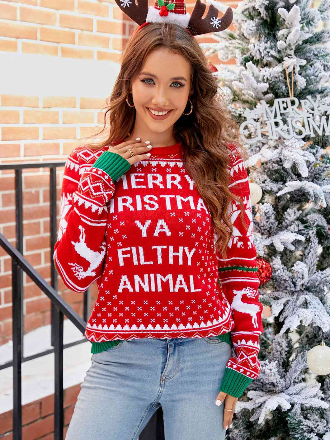 Merry Christmas Ya Filthy Animal Round Neck Long Sleeve Sweater