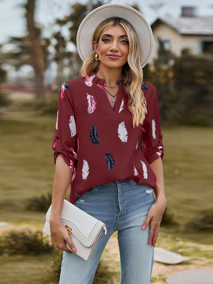 Feather Printed Roll-Tab Sleeve Notched Neck Blouse