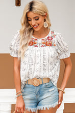 Load image into Gallery viewer, Embroidered Round Neck Flounce Sleeve Blouse
