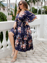 Load image into Gallery viewer, Plus Size Navy Floral Surplice Neck Midi Dress
