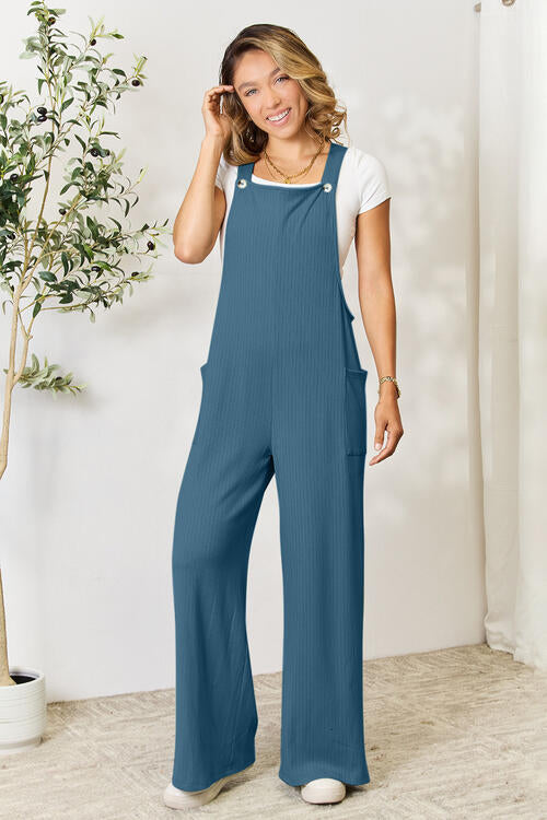 Wide Strap Ribbed Overalls with Pockets
