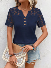 Load image into Gallery viewer, Spliced Lace Notched Neck Waffle-Knit Top
