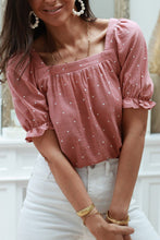 Load image into Gallery viewer, Pink Square Neck Dotted Print Puff Sleeve Blouse with Tie Back
