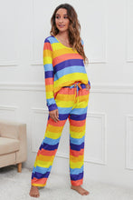 Load image into Gallery viewer, Striped Round Neck Long Sleeve Top and Drawstring Bottoms Lounge Set
