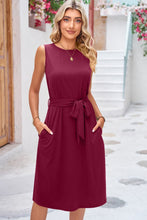 Load image into Gallery viewer, Round Neck Tie Belt Sleeveless Midi Dress with Pockets
