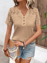 Load image into Gallery viewer, Spliced Lace Notched Neck Waffle-Knit Top

