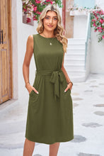 Load image into Gallery viewer, Round Neck Tie Belt Sleeveless Midi Dress with Pockets
