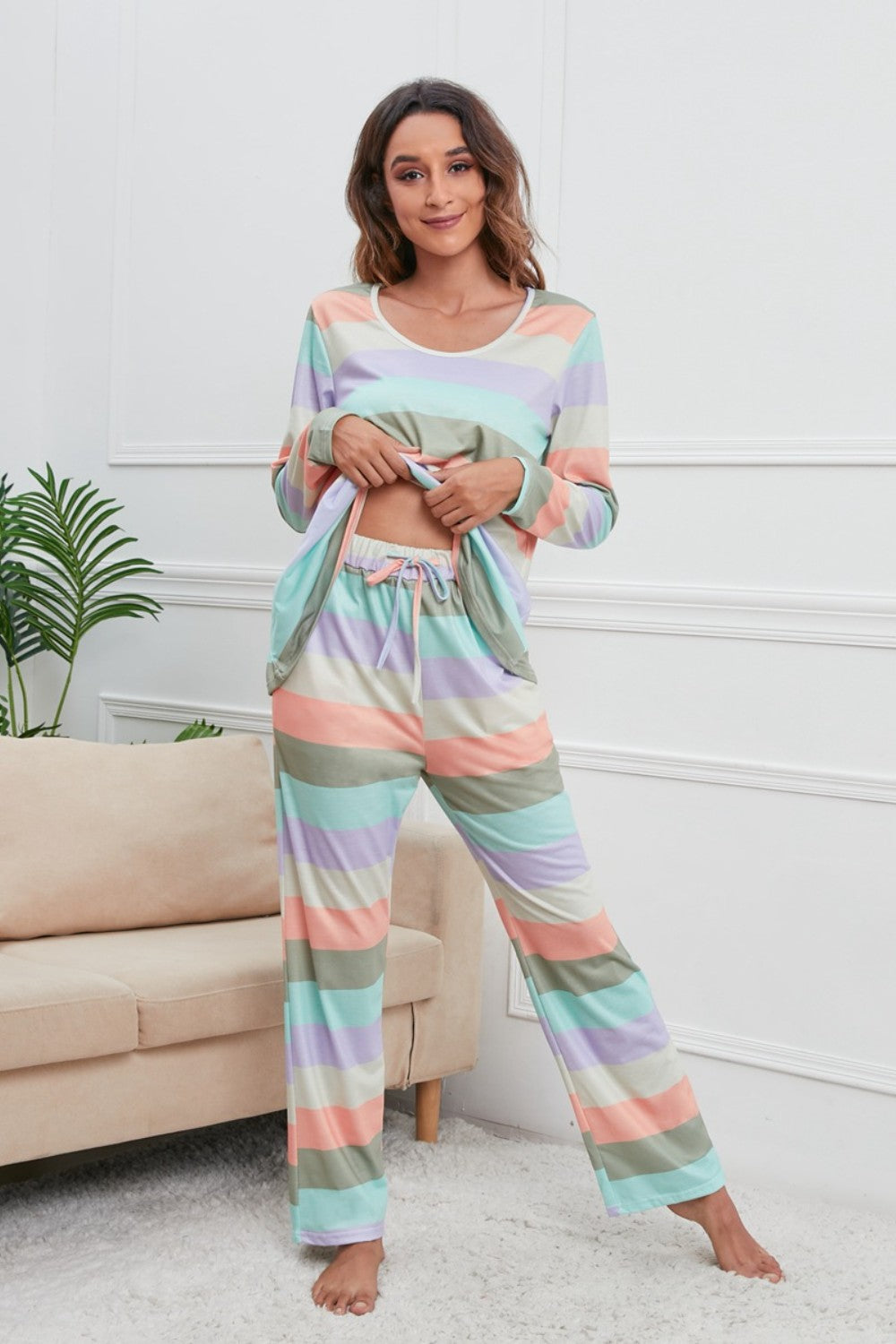 Striped Round Neck Long Sleeve Top and Drawstring Bottoms Lounge Set