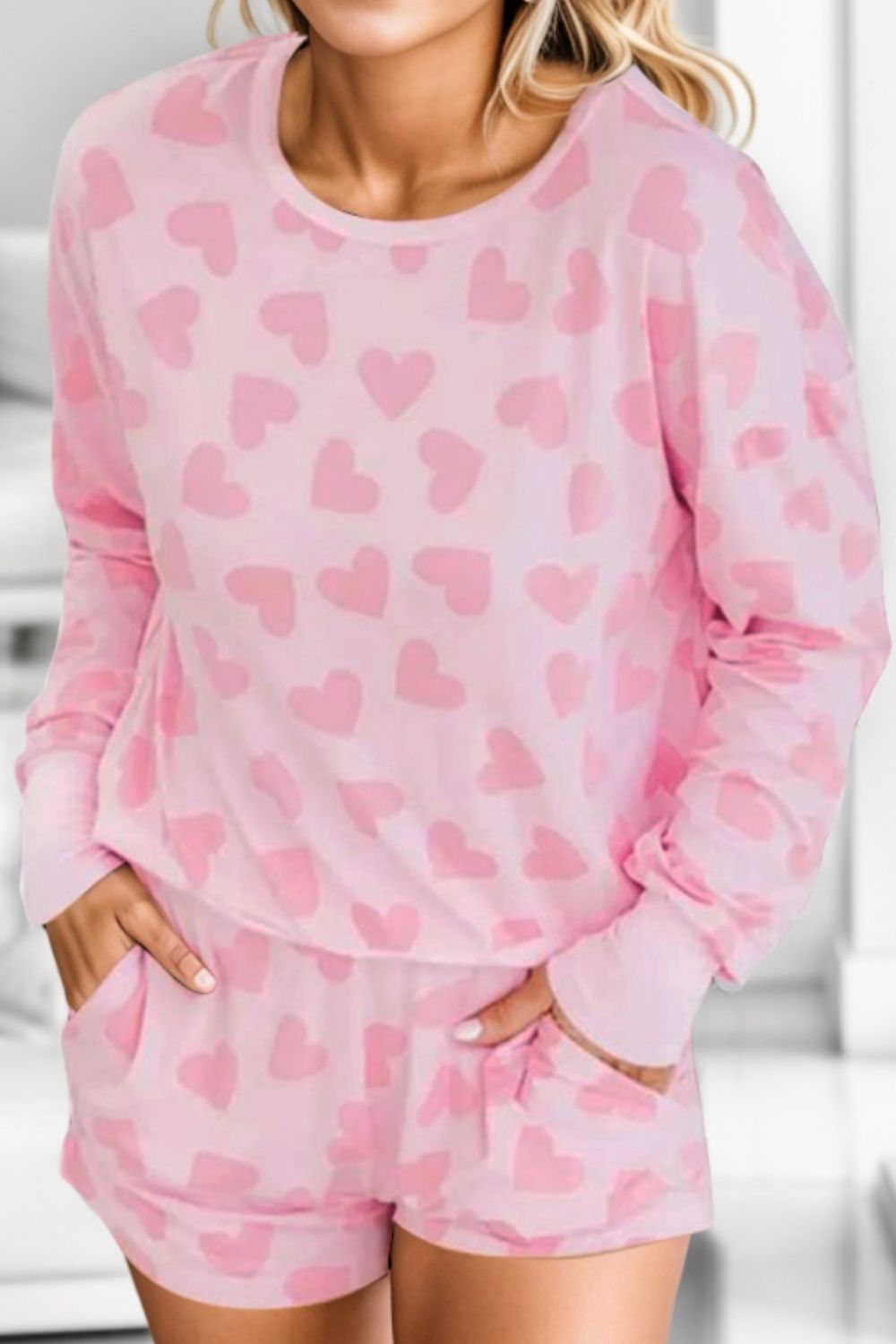 Heart Print Round Neck Top and Bottom Lounge Set